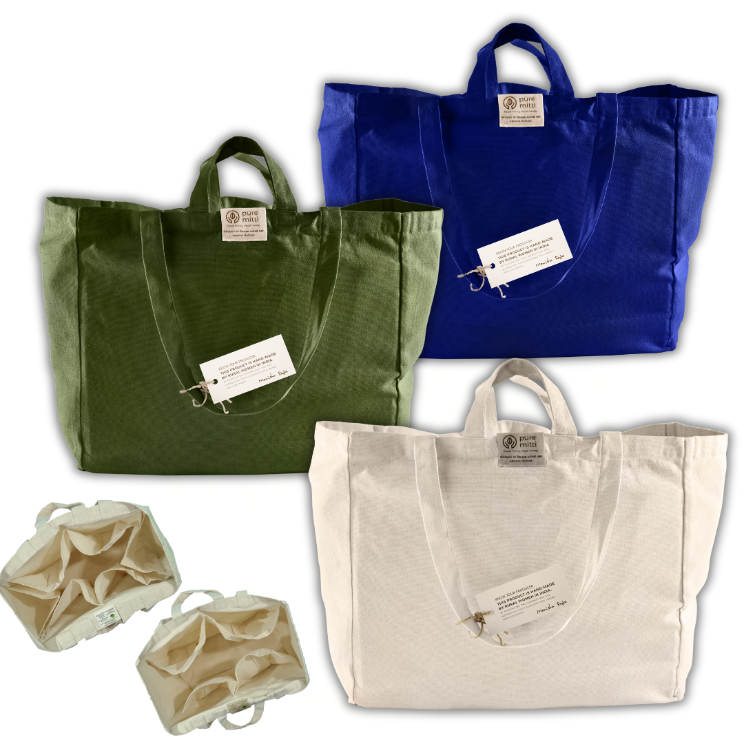 Bundle of 12 - Multi-Pouch Grocery Eco Bag | Reusable Cotton Tote for Sustainable Shopping