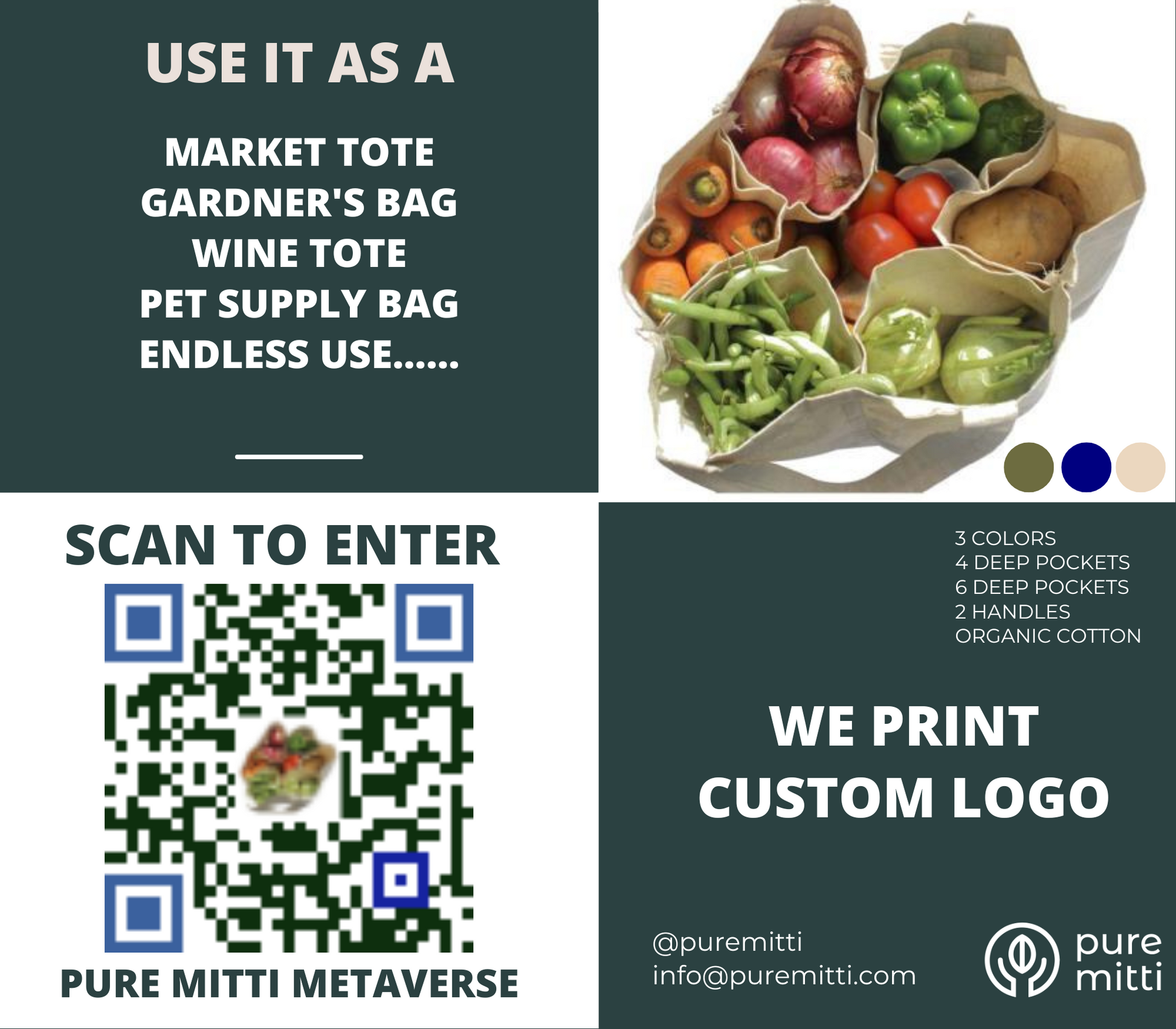 Custom Print Logo - Reusable Multi-pocket Organic Cotton Tote Bag (MOQ 100) - Pure Mitti
