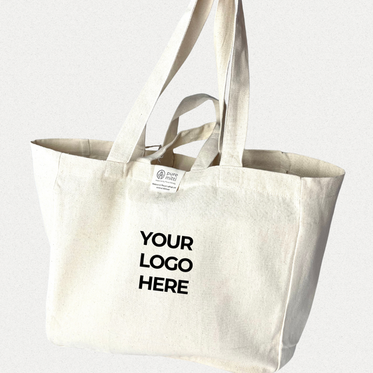 Custom Print Logo - Reusable Multi-pocket Organic Cotton Tote Bag (MOQ 100) @ 1 color, 1 side