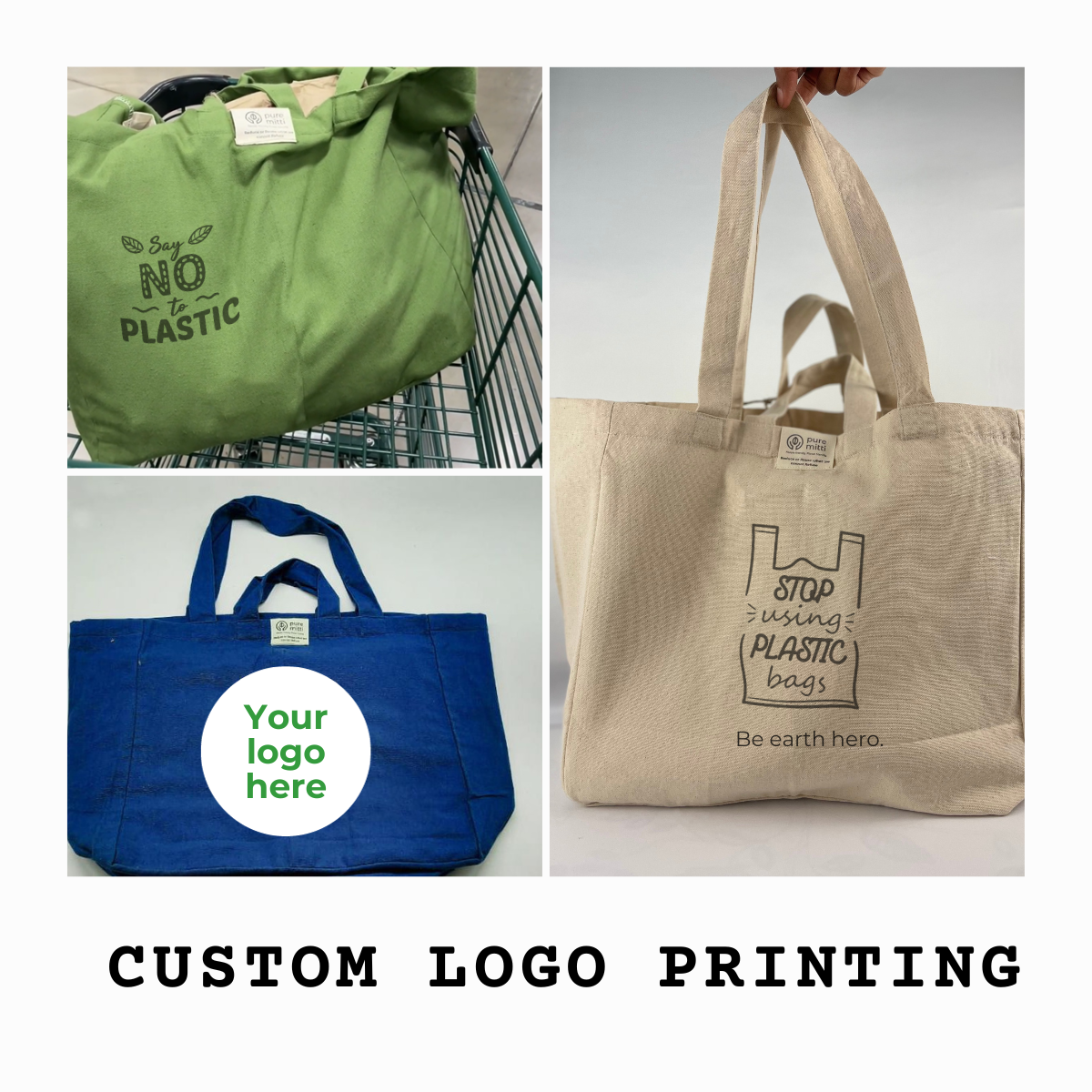 Custom Print Logo - Reusable Multi-pocket Organic Cotton Tote Bag (MOQ 100) @ 2 colors