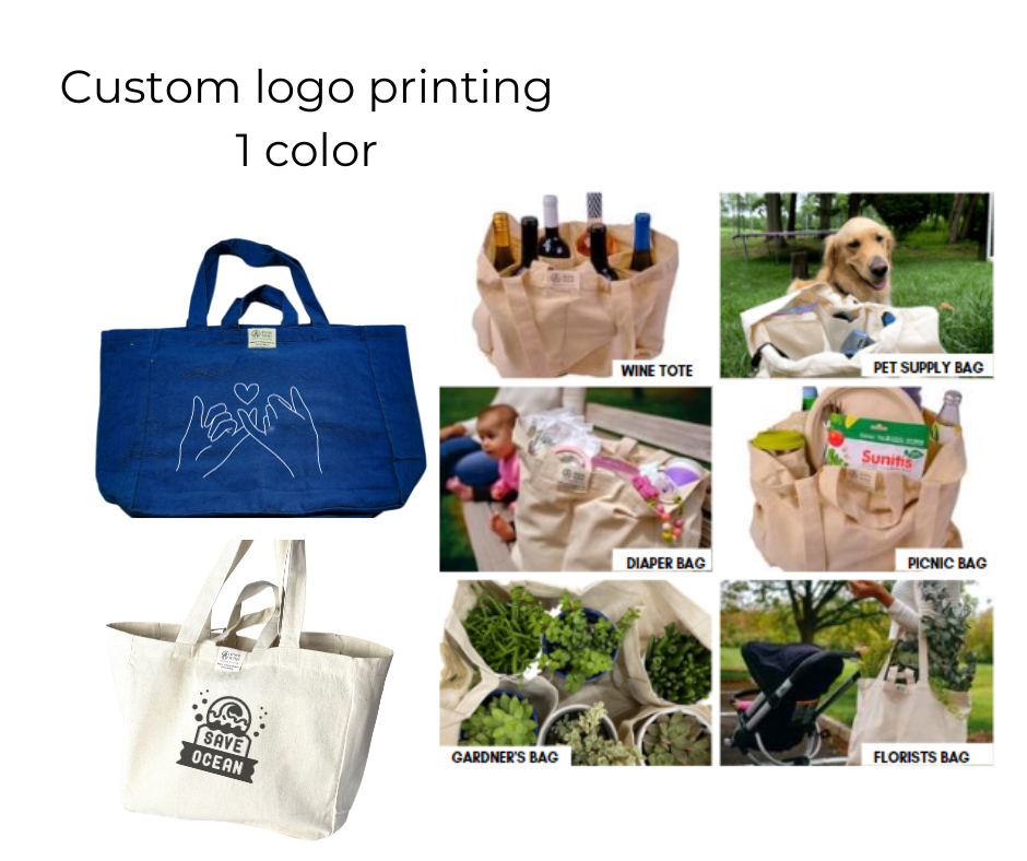 Custom Print Logo - Reusable Multi-pocket Organic Cotton Tote Bag (MOQ 100) @ 1 color